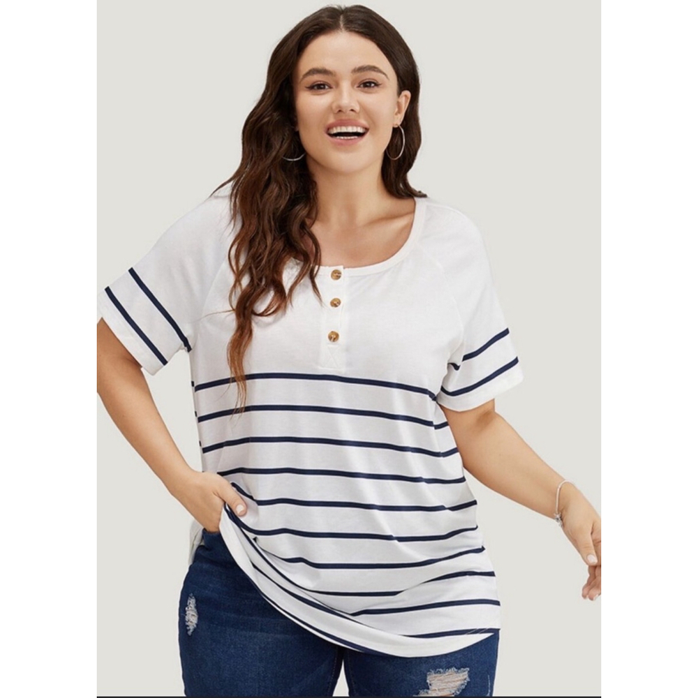 BloomChic Striped Print Raglan Sleeve Button Up T-shirt Size 18/20 2X NWT